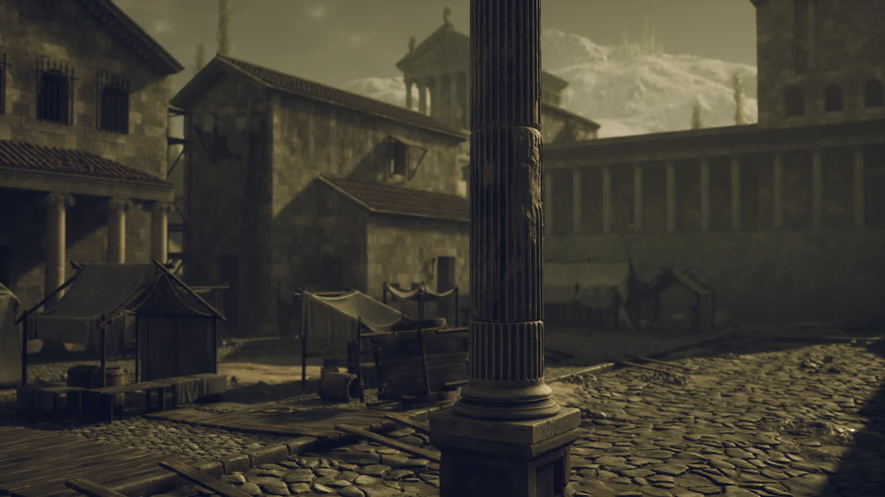 Ancient marketplace with stone structures and distant mountains in sunlight