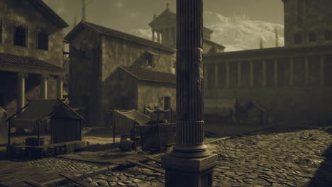 ancient marketplace with stone structures and distant mountains in sunlight