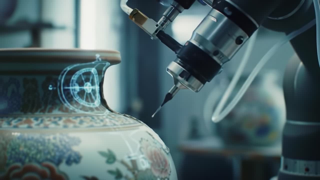 In a workshop setting, a robotic arm carefully restores ornate antique pottery, applying modern techniques to ensure accuracy. The intricate details of the vase are preserved with precision.