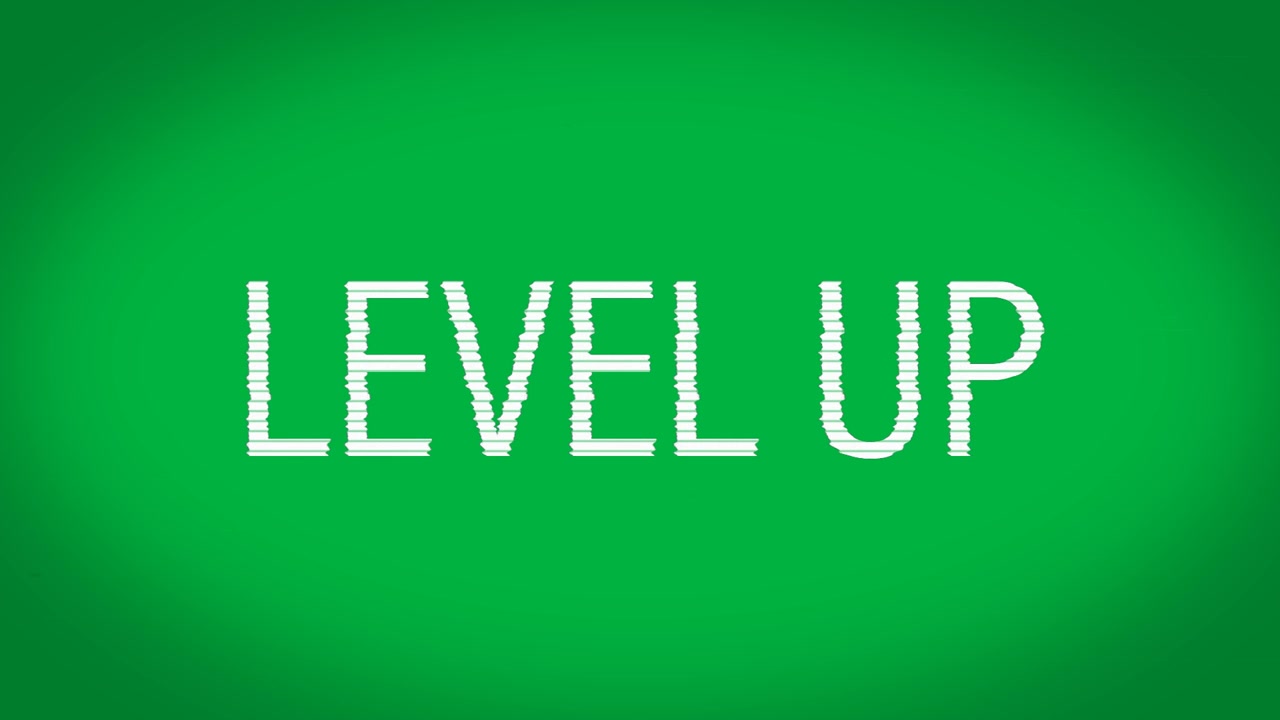 Animasi Teks 'Level Up' dengan Efek Glitch pada Latar Belakang Hijau