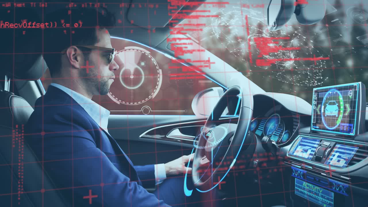 animación de pantallas de información con un hombre usando un coche de conducción autónoma