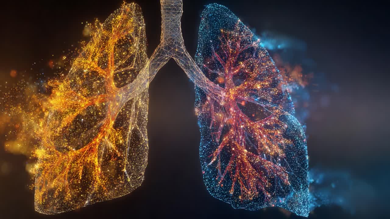 Una visualizzazione straordinaria dei polmoni che mostra le complesse strutture e funzioni del sistema respiratorio con una rappresentazione colorata e luminosa