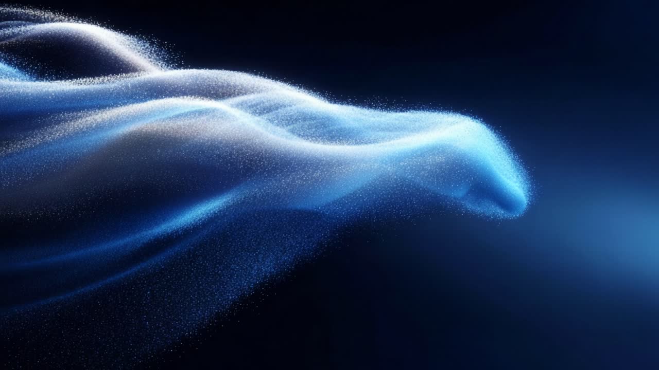 A mesmerizing display of fluid motion and ethereal light capturing the essence of tranquility and beauty, as radiant waves of blue energy dance gracefully in a dark background