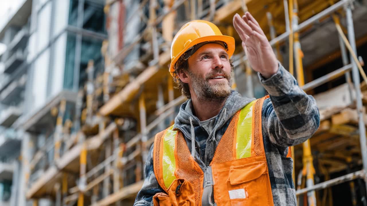 Construction Worker Directing Traffic at Building Site, Showcasing Safety Gear and Skillful Communication Amidst Ongoing Urban Development