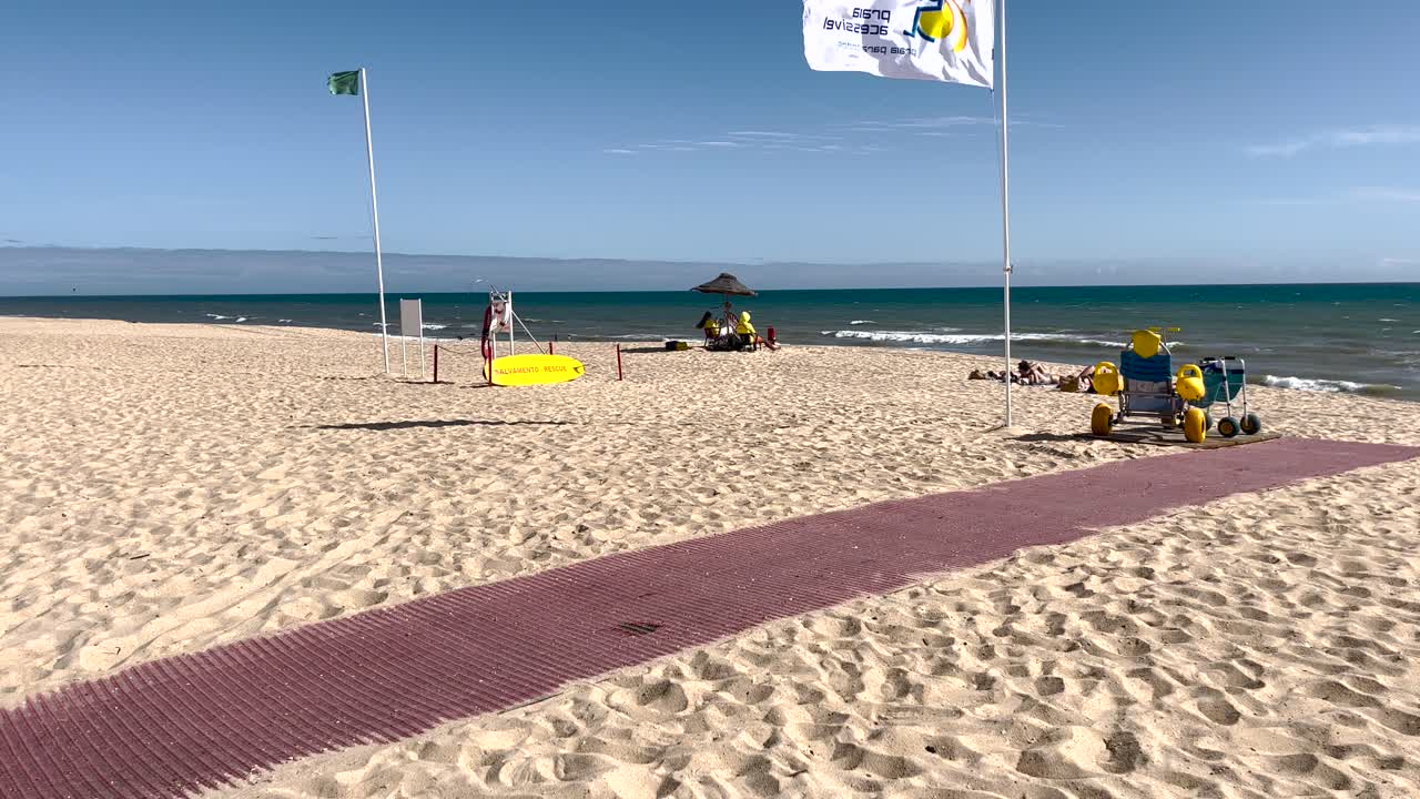 vista en primer plano de un equipo de socorristas que vigilan una playa, con banderas ondeando en el viento