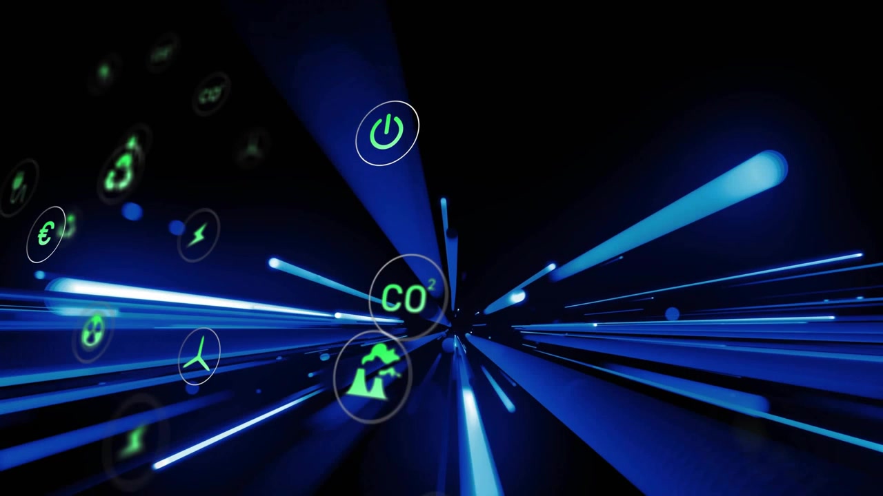 Punto di fuga che genera strisce blu in corsa e icone verdi che convergono mostrando il flusso di energia.