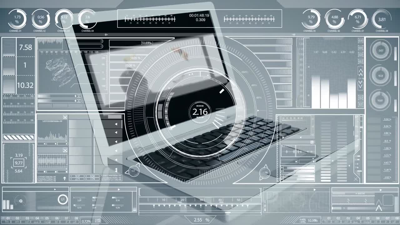 컴퓨터 화면에서 사업가들에 대한 금융 데이터 처리 애니메이션