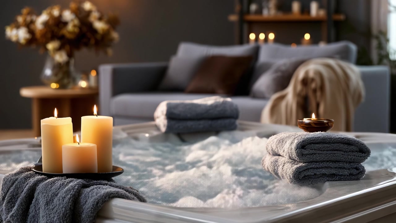 Scena rilassante da spa: Una vasca da bagno accogliente circondata da candele tremolanti e morbidi asciugamani, ideale per un'atmosfera domestica tranquilla con illuminazione calda ed effetti d'acqua.