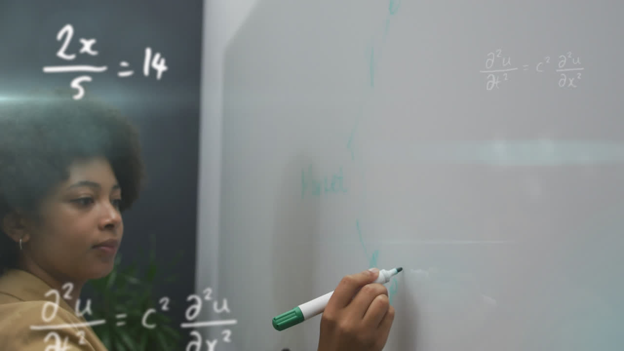 animación de ecuaciones matemáticas sobre mujer de negocios afroamericana tomando notas