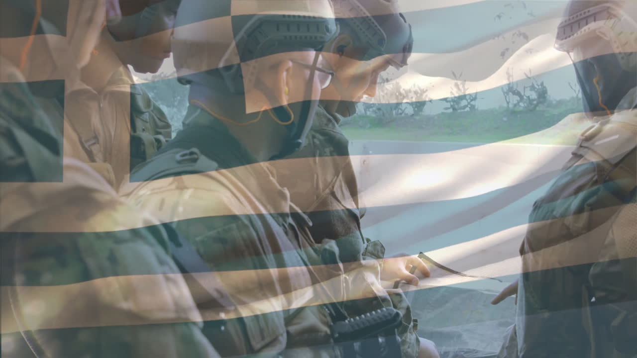 Planning strategy, military personnel discussing over animated Greek flag background
