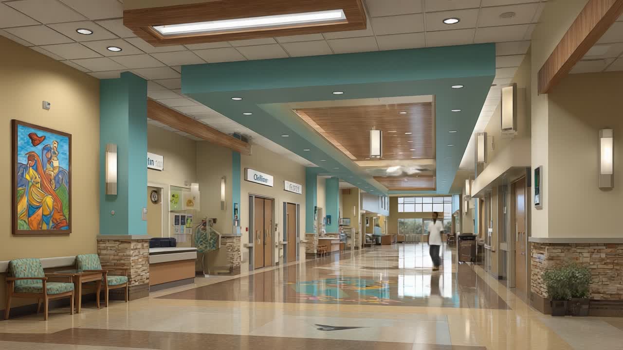 A Bright and Welcoming Hospital Corridor Showcasing Modern Healthcare Practices and Patient-Centric Design, Featuring Staff and Artwork
