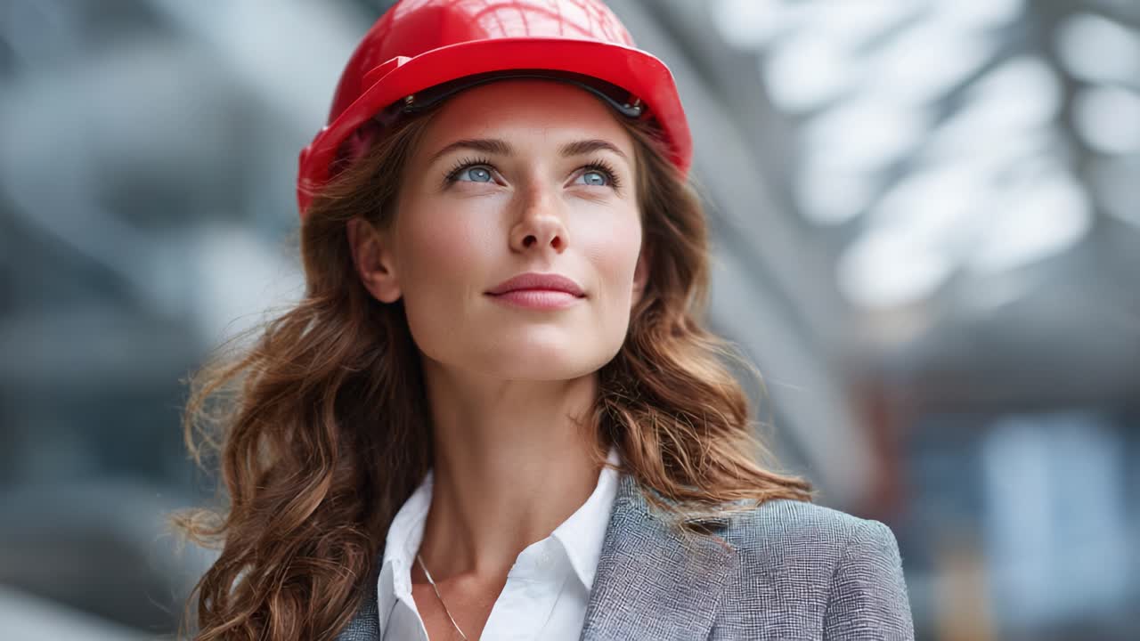 Confident and Focused: A Professional Woman in a Hard Hat Looks Upward with Determination, Emphasizing Strength and Ambition in Her Field
