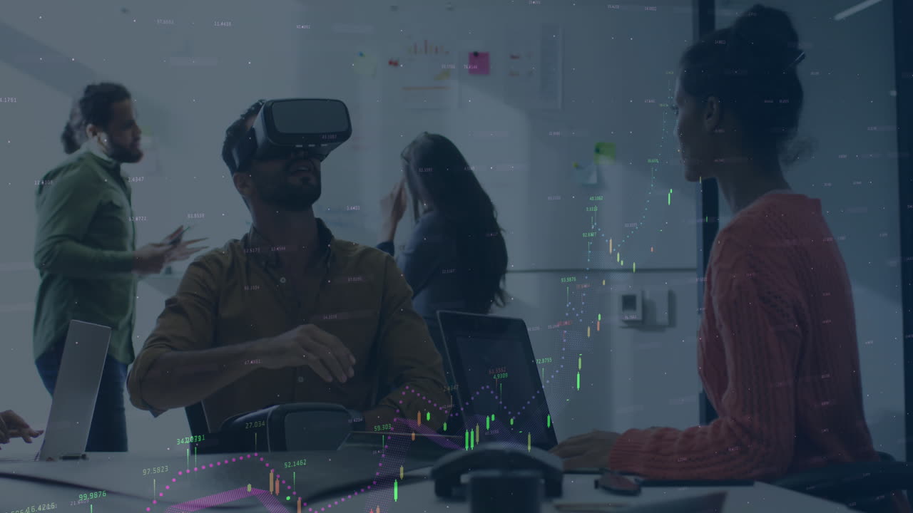 Animation of data processing over diverse business people in office