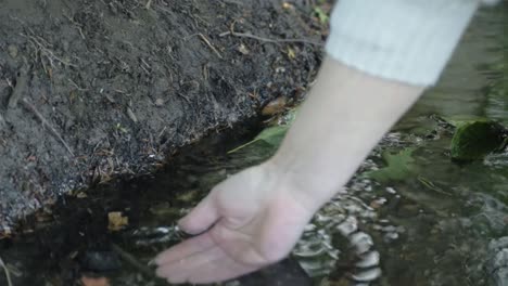 dipping hand in natural clear water stream