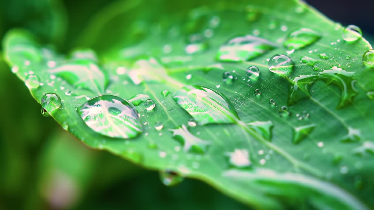Close-Up of a Fresh Green Leaf Capturing Raindrops and Dew, Showcasing Nature's Beauty and Intricate Details in a Vibrant, Lush Environment