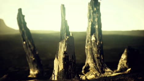 unique rock formations at sunset in a desolate landscape with distant mountains