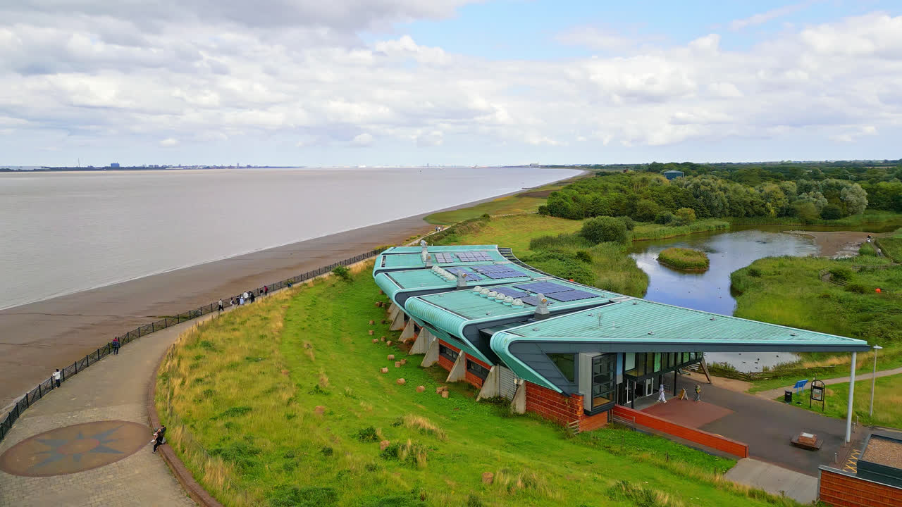 Enjoy an aerial view of Waters' Edge Country Park and Visitor Centre, nestled by the Humber Bridge along the Barton upon Humber waterfront