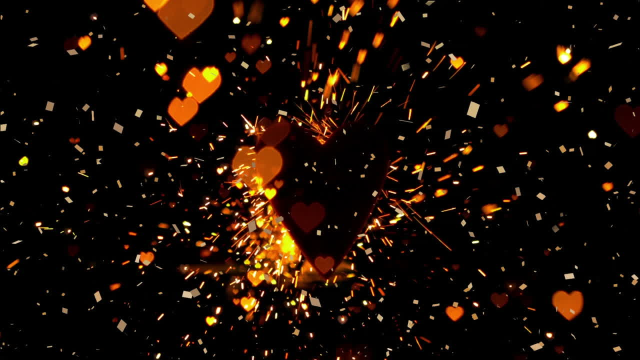 animación de confeti blanco cayendo sobre iconos de corazón amarillo y chispas de luz en fondo negro