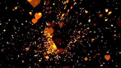 animación de confeti blanco cayendo sobre iconos de corazón amarillo y chispas de luz en fondo negro