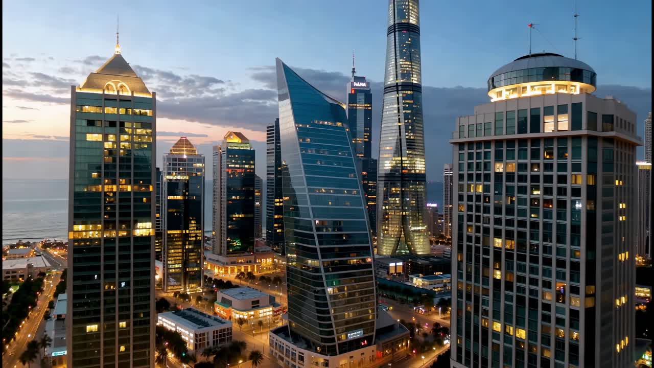Modern skyscrapers at dusk in cityscape