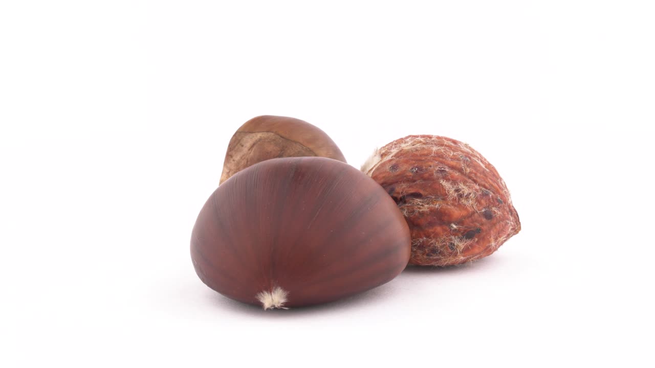 One whole, one peeled and one half cut sweet chestnuts. Cross section. Slowly rotating on the turntable isolated on the white background. Close up. Macro.