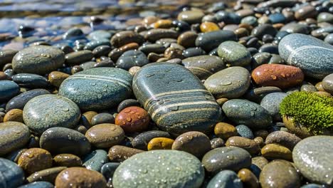a stunning collection of smooth river stones captured by the water’s edge, showcasing their unique textures and colors under the sunlight, glistening with water droplets