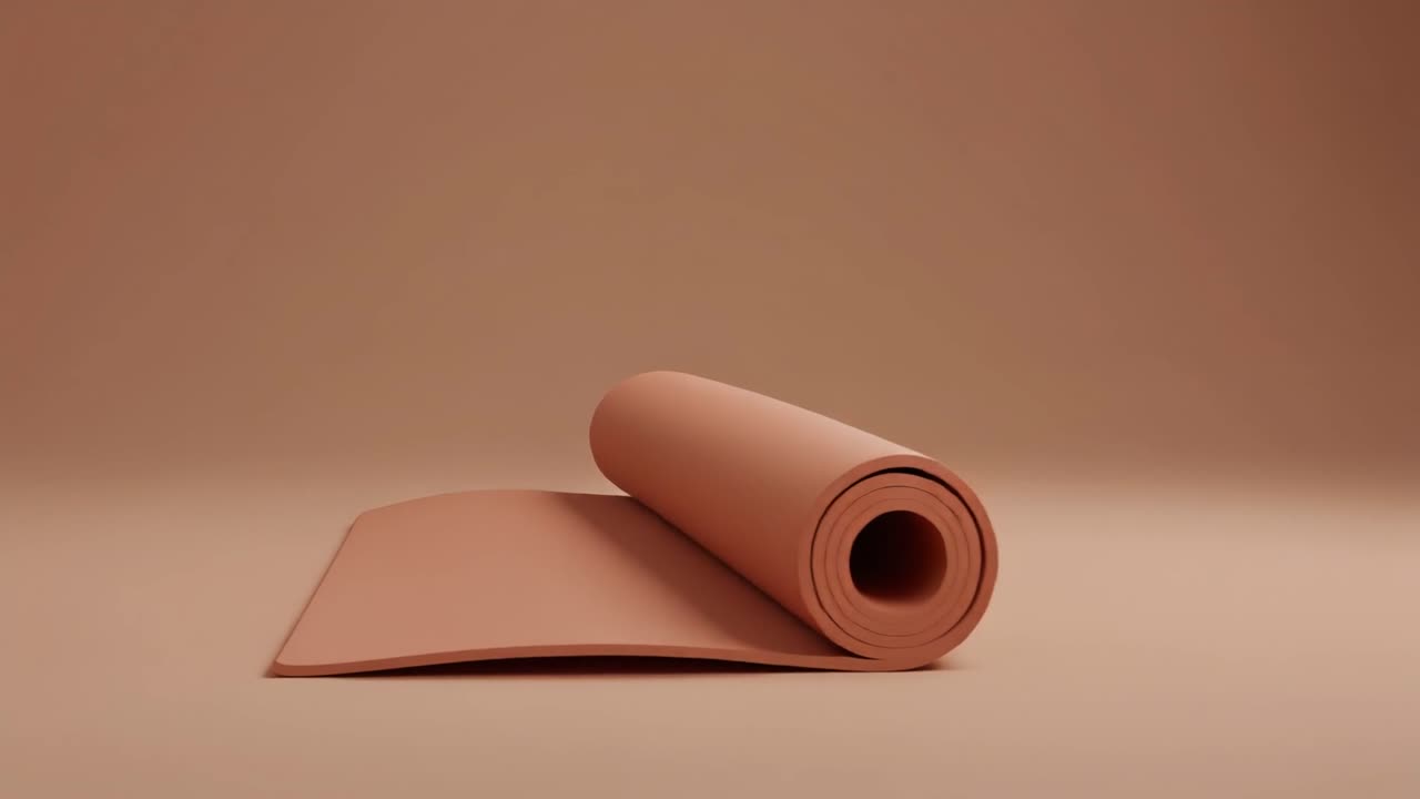 Ferskenfarget yogamatte som rulles ut på en ensfarget bakgrunn