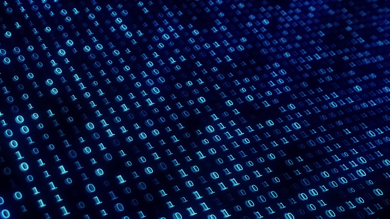 Cyan binary numbers data visual with glowing code rows dark perspective and futuristic computing