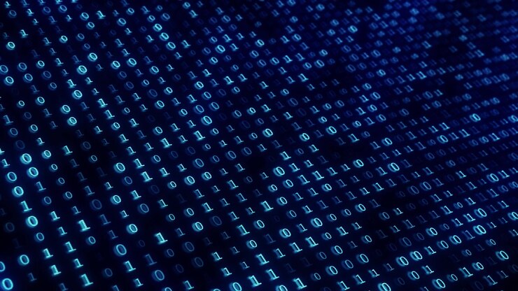 Cyan binary numbers data visual with glowing code rows dark perspective and futuristic computing