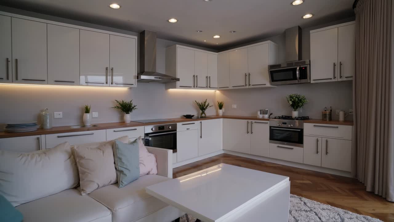Cocina y sala de estar de concepto abierto modernas, capturadas desde una perspectiva de gran angular, que muestran un diseño elegante