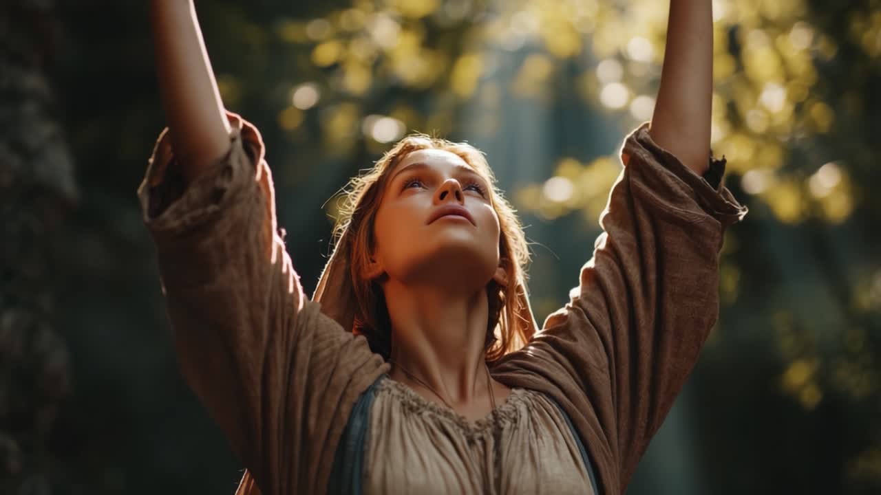 A Serene Moment: A Young Woman with Outstretched Arms Embracing Nature's Light in a Tranquil Forest Setting, Capturing Essence of Spirituality and Freedom
