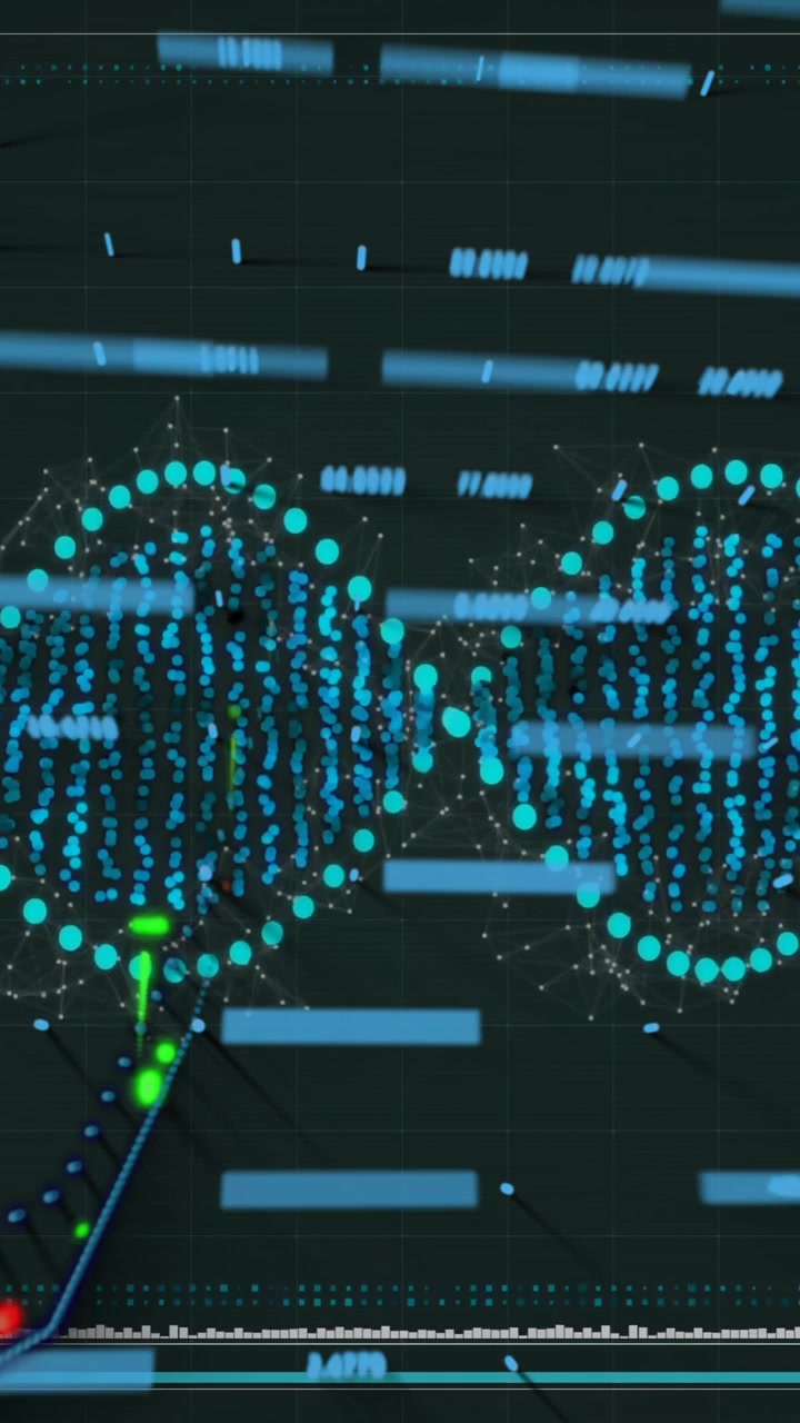 Processing scientific data, DNA strand with binary coding animation in laboratory