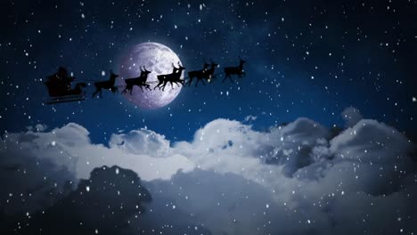 video composition with falling snow  over santa  sleigh over clouds at night