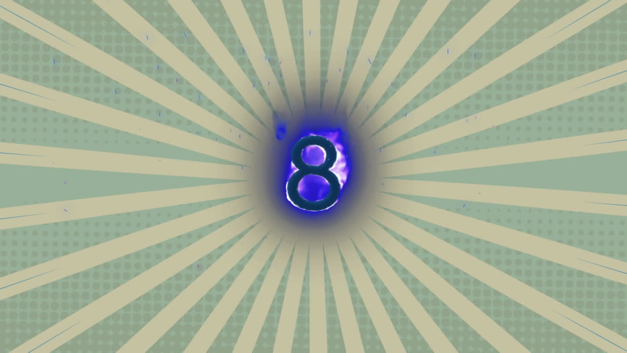 animación digital del efecto de llama azul sobre el número ocho contra los rayos radiales sobre fondo verde