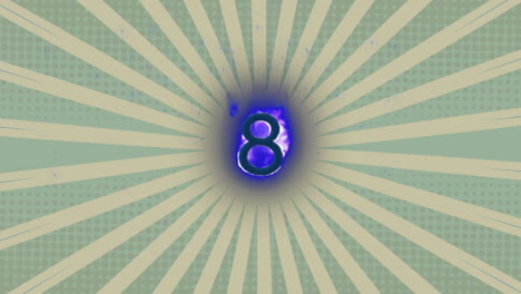 digital animation of blue flame effect over number eight against radial rays on green background