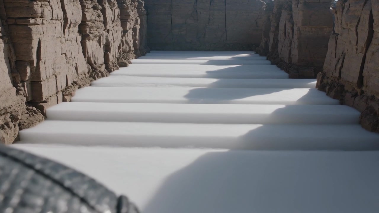 Camera settling causing man viewing trench showing white terraces wearing black jacket, copy space