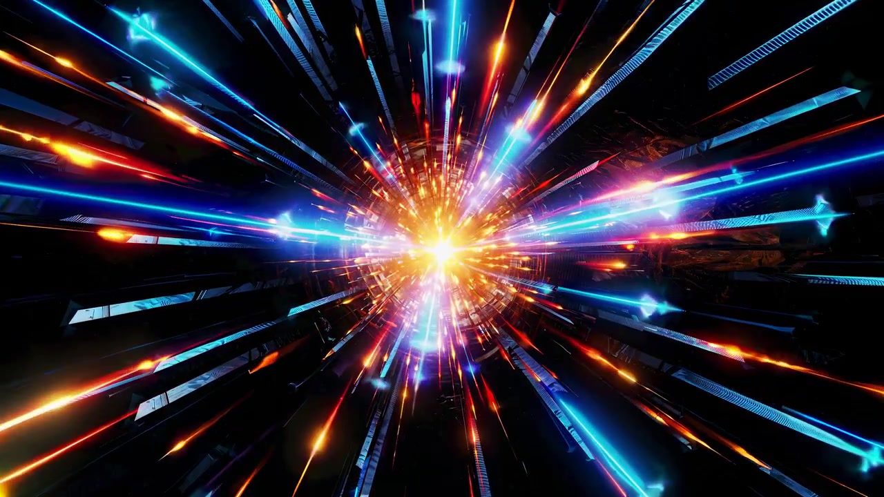 Tunnel astratto di scie luminose incandescenti e particelle di energia