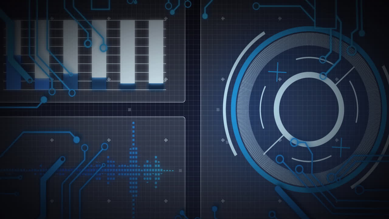Animation of scope scanning and data processing on screens over grid on blue background