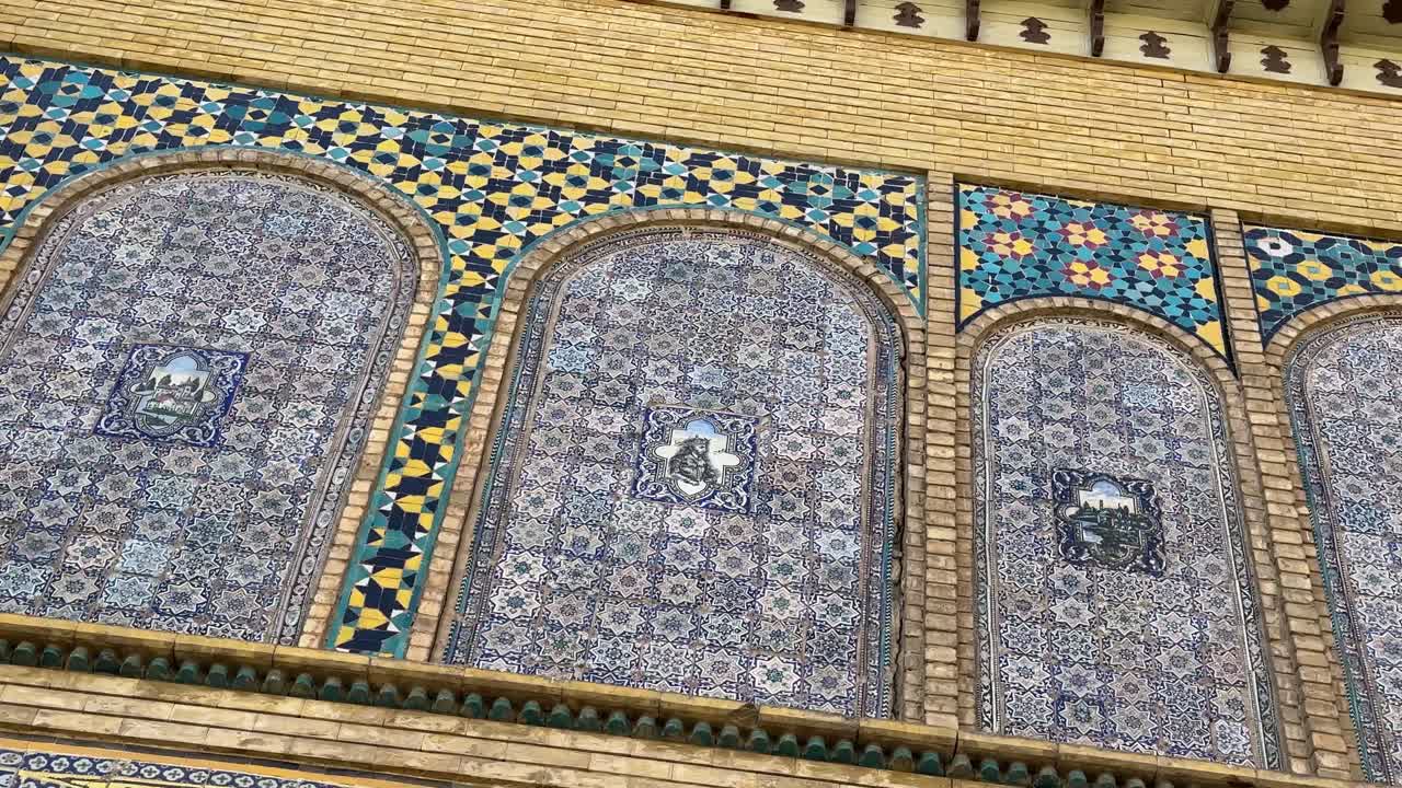 Persian arcade blue tile to decorate wall in stylish vibrant traditional architecture mosaic floral pattern ceramic art arabesque design turquoise dome vintage decor brick texture peaceful Tehran Iran