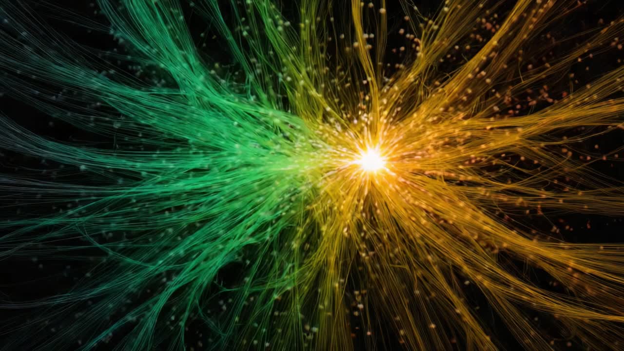 Dynamic Light Patterns Emerge in a Vibrant Display of Intertwining Colors and Energetic Streams of Particles, Creating a Mesmeric Visual Experience