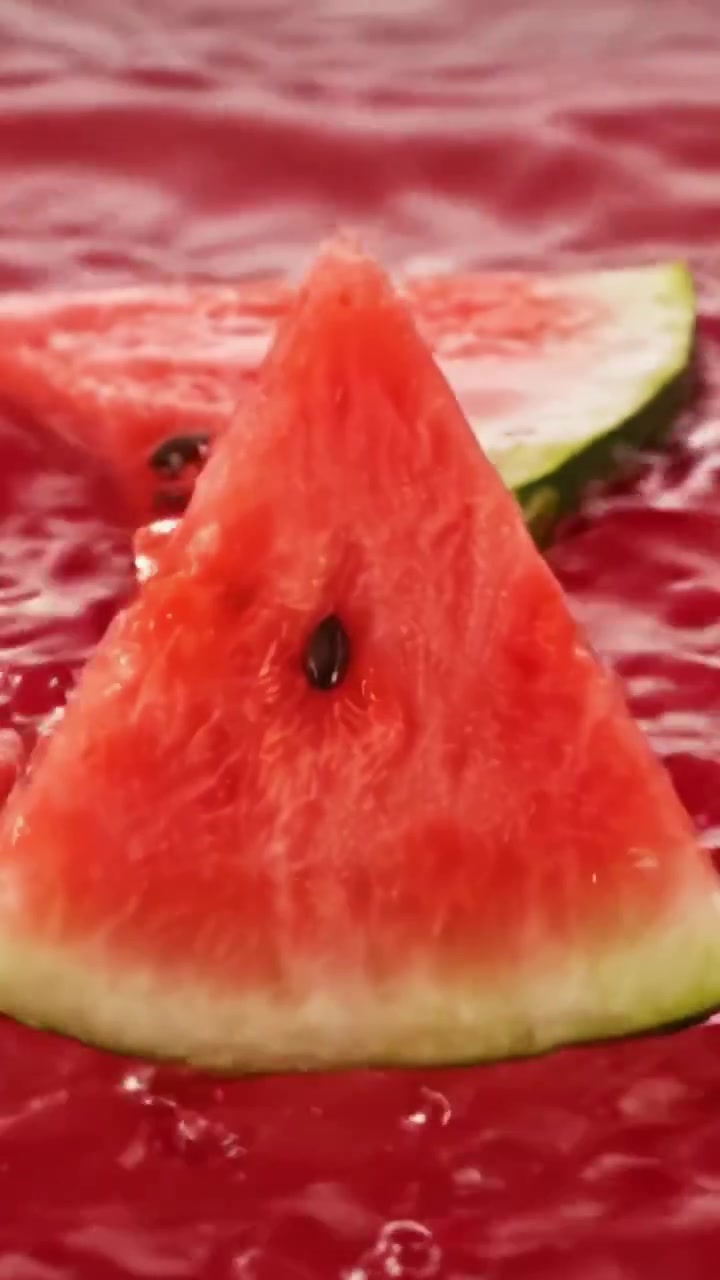 Rinfrescanti fette di anguria che cadono a cascata in un liquido rosa vibrante, catturando l'essenza dell'estate con frammenti succosi che galleggiano elegantemente nella piscina.