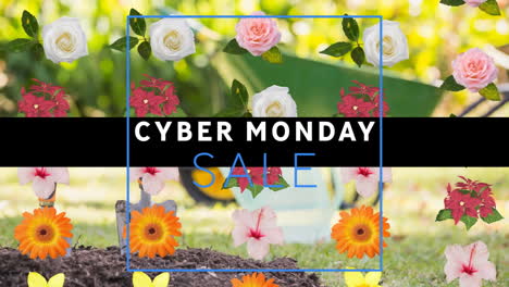 animación digital de cyber monday banner de texto sobre múltiples iconos de flores coloridas contra el jardín