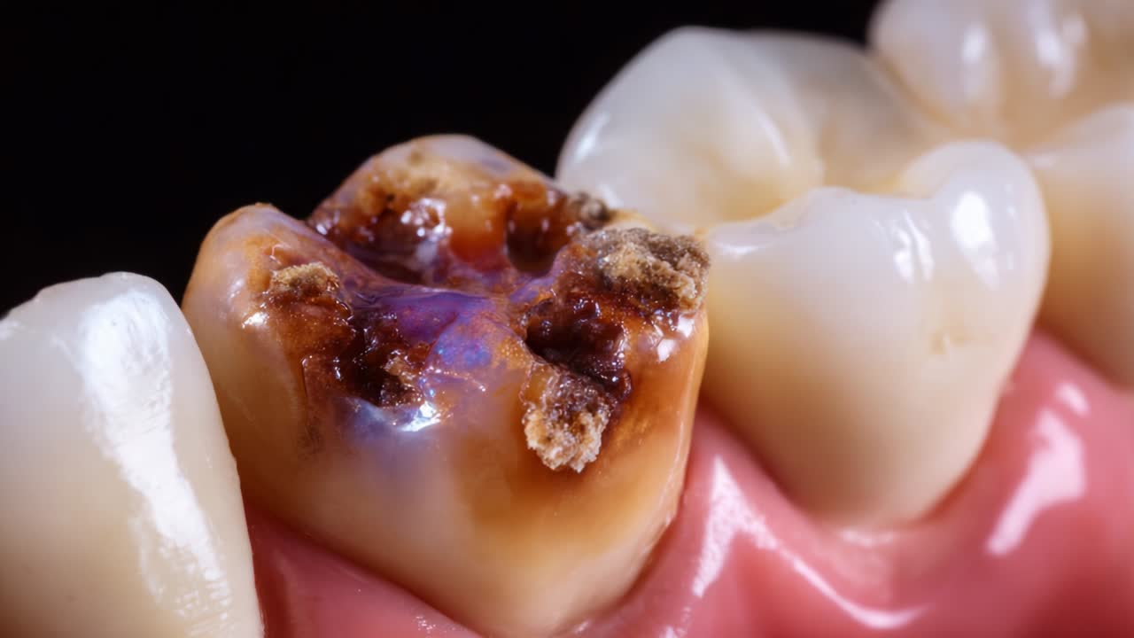 Detailed Close-Up Examination of Dental Caries Progression Highlighting Cavities and Surrounding Healthy Tooth Structures in a Clinical Setting