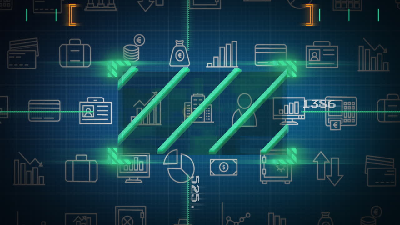 Green bars and financial icons with data processing animation on blue background