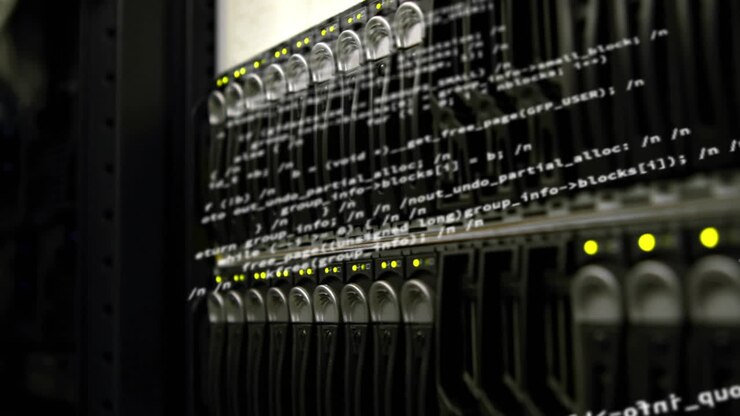 Animazione di elaborazione dati su primo piano di server di computer