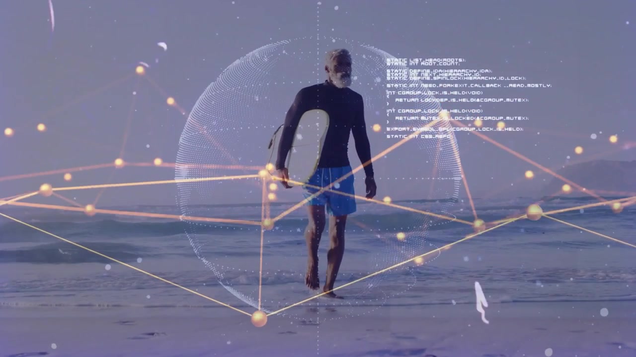 Wading surf, male surfer walking to shore carrying board, tech globe and code animating around him