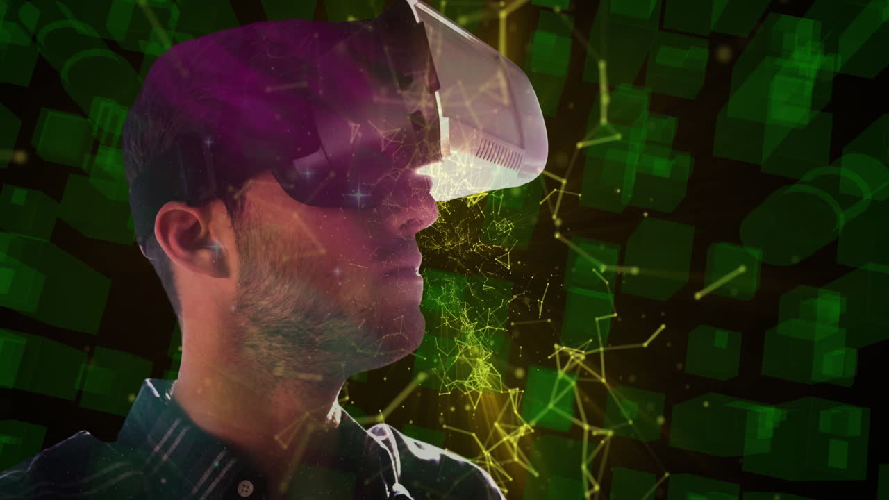 Rete di connessioni sopra un uomo che usa un visore VR su sfondo di paesaggio urbano