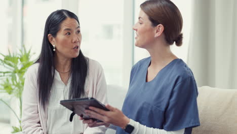 tablet, consulting or nurse talking to woman