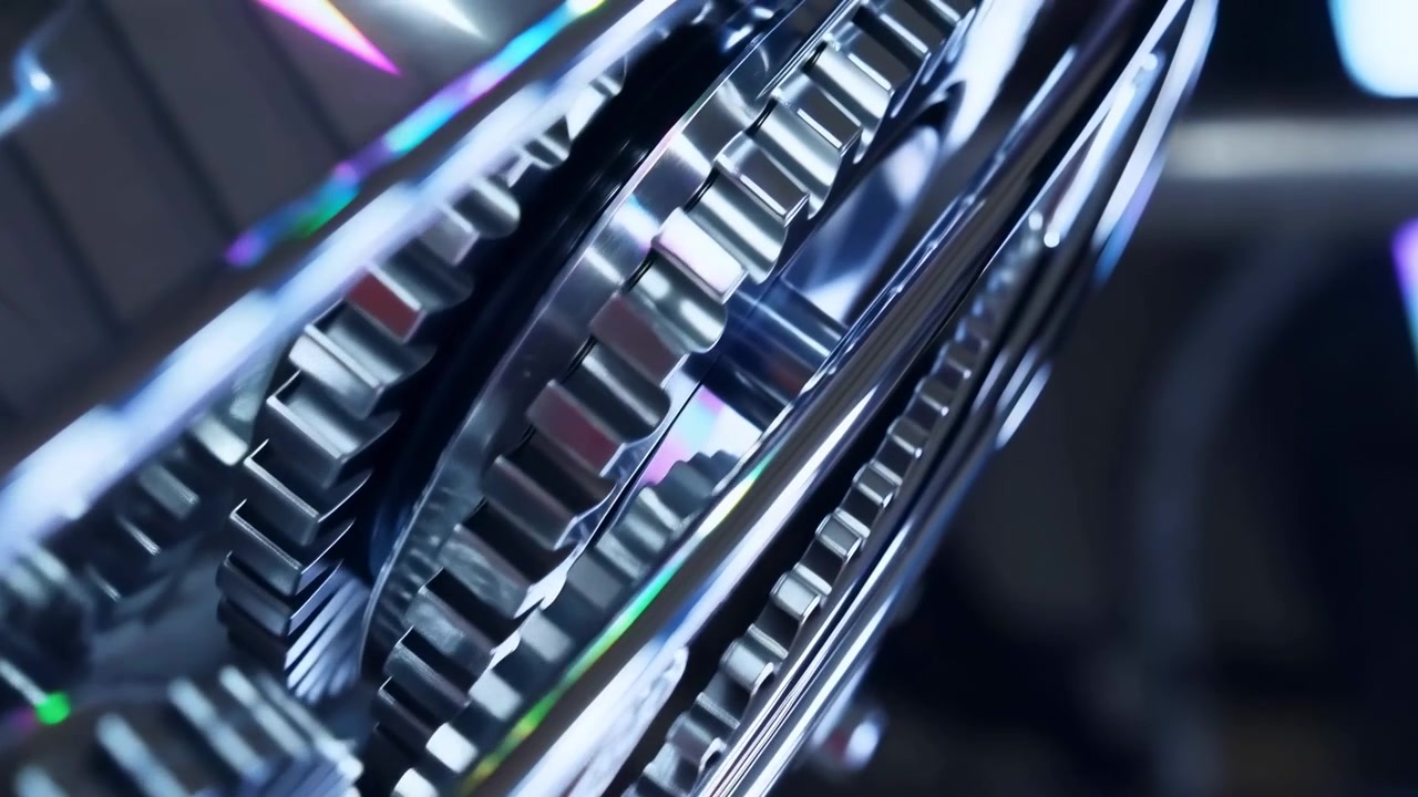 Low-angle close-up shows polished chrome gears beside parallel curved metal rails, with interlocking teeth, bright reflections, subtle shadows, and clean industrial surfaces, with metal, gear, chrome