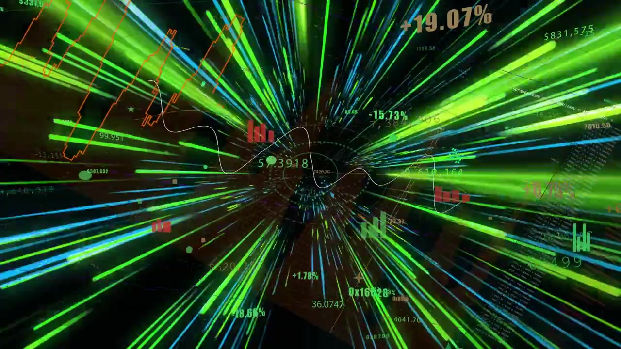 Central HUD sending pulse, beams speeding while charts and numbers updating showing market trends